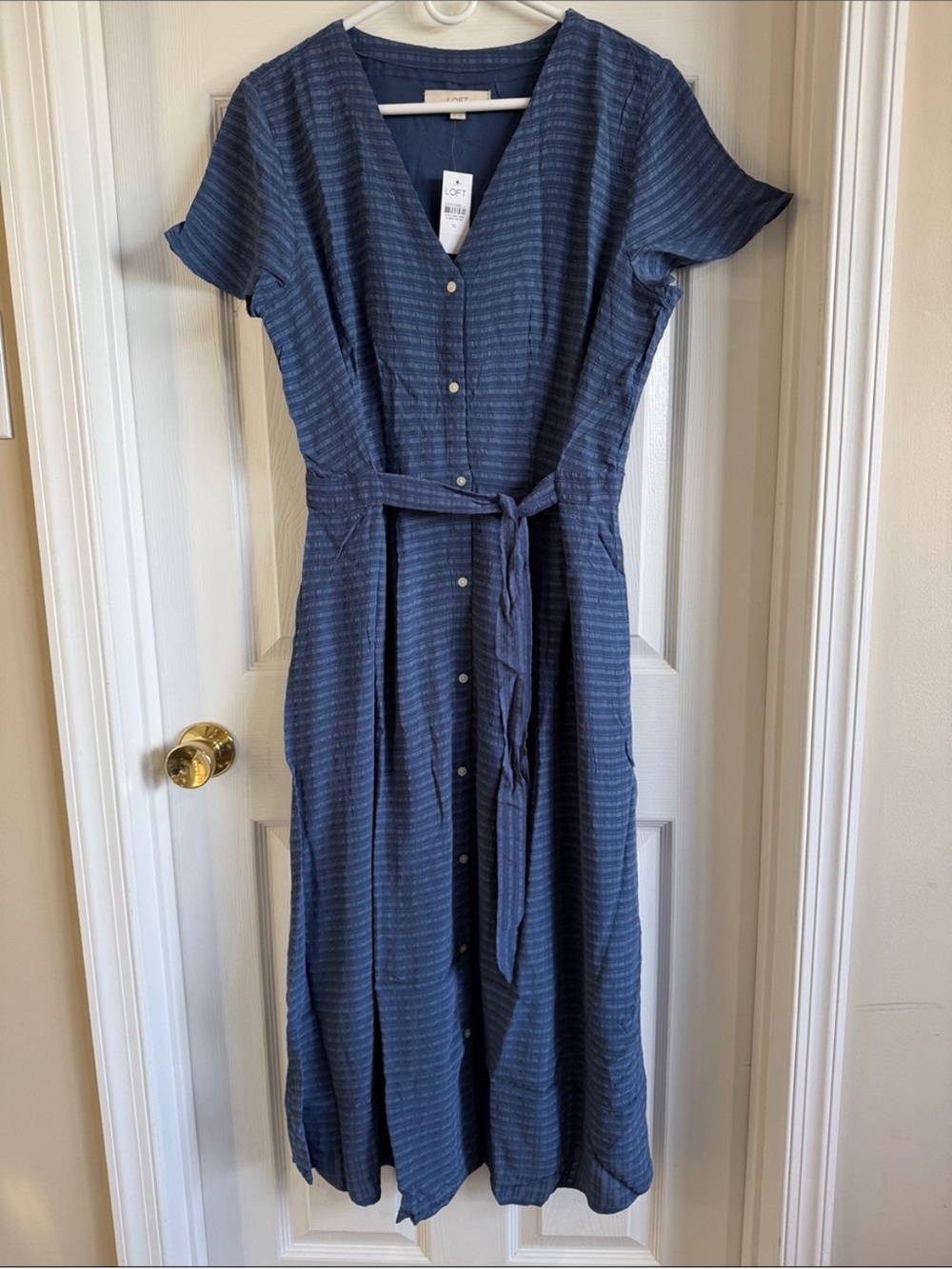 NWT LOFT Blue Button-Front Midi Dress with Tie Belt